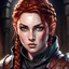 Placeholder: dungeons & dragons; portrait; headshot; female; teenager; pale skin; auburn hair; gray eyes; one braid; leather armor; hood; thief; shadows; cute; freckles