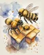 Placeholder: three bees flutter over the hive watercolor drawing