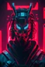 Placeholder: Cyberpunk samurai wearing a face mask with the letter "m" above his head red neon light.