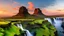 Placeholder: waterfalls in the center of a vast scenery of distant lands at dawn