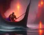 Placeholder: sango fantasy, fantasy magic, intricate, sharp focus, illustration, highly detailed, digital painting, concept art, matte, Greek mythology Charon ferryman in boat on river styx, sharp jagged rocks, red purple blue colours, red hot lava river