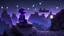 Placeholder: Minecraft Character, minecraft theme, purple starry sky, meditating, facing back, wearing gown, minecraft style, in between two cliffs,