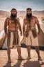 Placeholder: close up photography of two angry ugly brawn 28-year-old burly beefy bullneck arabs tourist guides wearing bulging shorts, shirtless, big shoulders, hairy chest, manly chest, with very bushy eyebrows, photorealistic, sunlight, ambient occlusion, strong side light , near a camping tent in the desert