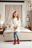 Placeholder: a 6 years old girl in modern clothing and makeup standing pose with cute and joy with pertty shoes in a very large luxury baby bedroom