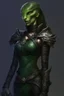 Placeholder: female snake humanoid, green scales, wearing a black leather armor, dungeons and dragons