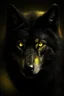 Placeholder: Realistic black wolf, gold eyes, fierce