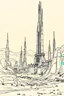 Placeholder: thine line draw style, show a shot of a view of Mars surface with future high rise structures buildings