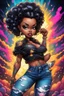 Placeholder: vibrant psychedelic comic book image, airbrush, 48k, cartoon art of a chibi curvy black female wearing torn jeans pants and a black tie dye off the shoulder blouse. Prominent make up with lush lashes. Highly detailed sleek wavy ponytail