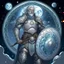 Placeholder: Please create an image for a 30-year old aasimar male with silver hair and a short, square beard and blue eyes. He is standing outside in the moonlight wearing plate armor and wielding a shield and a mace. His equipment is adorned in multiple places with crescent moons and stars