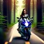 Placeholder: Very attractive woman sitting on a motorcycle. The bike is Yamaha. In the background is a forest. Realistic details. Photorealistic. 4K. Wide-angle lens.