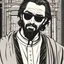 Placeholder: young man with scraggly hair and beard stubble in sunglasses dressed in a priest's frock with a repulsed look on his face that looks like Hans Gruber comic book character