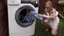 Placeholder: married couple drains water out of household washing machine