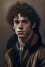 Placeholder: Beautiful man,20 years old, brown curly hair, wearing fitted jacket