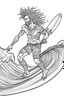 Placeholder: Outline art for coloring page OF A BUFF NATIVE SURFER WITH BIG CURLY KINKY HAIR WEARING SHORTS RIDING A SURFBOARD ON A WAVE; THE SURFER'S FACE IS COVERED BY HIS HAIR, coloring page, white background, Sketch style, only use outline, clean line art, white background, no shadows, no shading, no color, clear