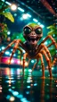 Placeholder: selfie by pimp rocker alien spider gremlin diving in water slide in the middle of crazy dance moves dancing on buss parked in dark lit reflective wet jungle hall tunnel,bokeh like f/0.8, tilt-shift lens 8k, high detail, smooth render, down-light, unreal engine, prize winning