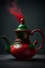 Placeholder: a single Moroccan teapot in the center 4k, exploding with red and green paint and splashes on a dark background.