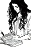 Placeholder: Pencil sketch of Young woman, Arab features,sad, long wavy hair, reading a book, full body، on lined paper