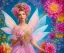 Placeholder: beautiful bright happy fairy portrait with two hands in a pink,blue, yellow flowers background,