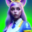 Placeholder: waitress teenager, Caucasian race, cat ears latex headband, rounded face, short hair, fluor makeup, striped shirt, vibrant color, highly detailed, gradient background, concept art, smooth, 16 bit, unreal engine 5, god rays, ray tracing, RTX, lumen lighting, ultra detail, volumetric lighting, 3d, finely drawn, high definition, high resolution.