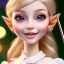 Placeholder: close up on elf as dollie deluxe, bright eyes, post card, toy train, two big front teeth, skin imperfection, worn