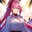 Placeholder: Clear focus, 8k, high quality, detailed, beautiful lighting, girl, vibrant colors, pink long hair, vibrant blue eyes, twins, miko, ponytail