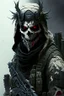 Placeholder: A soldier in the game modern warfare, he wears a skull mask with horns that covers his eyes. The lower half of his face is covered by a mask with a bloody fanged grin. He is a sniper, but can also run point. His call sign is Wraith. Couple