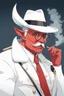 Placeholder: An old very red crimson devil wearing a white and gold police comisioner outfit, he is also wearing glasses, he has a white scruffy mustache, and a small black fedora, he is also smoking a cig.