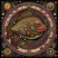 Placeholder: Create an image of two ornate, mechanical fish with intricate patterns on their scales, forming a perfect circle by aligning head to tail. They are surrounded by a decorative border featuring astrological symbols and filigree, with a rich background of a cosmic sky filled with stars, nebulae, and distant galaxies. The color palette should be warm with deep reds, golds, and touches of celestial blue. Each fish should possess a whimsical yet elegant look, with flowing fins and tails that blend sea