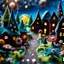 Placeholder: Detailed close-up street made of modeling clay and felt, village, stars, galaxy and planets, fairy, sun, volumetric light, Max Ernst, flowers, naïve, Tim Burton, strong texture, extreme detail, Yves Tanguy, decal, rich moody colors, sparkles, Harry Potter, bokeh, odd