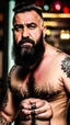 Placeholder: full figure photography of a turkish barman serving coffee, 62 years old, strong chubby man , bearded, in vest, shaved hairs, tattoo, serious eyes, photorealistic, Canon EOS, hyper-realistic, very detailed, emotive eyes, natural colours, sunlight