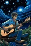 Placeholder: Under a starry night sky, the girl with glasses strums his guitar, his music echoing in the peaceful ambience of the Ghibli style anime night, intricately hand-drawn for a magical effect.