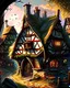 Placeholder: medieval fantasy thatched roof cottage town with stained glass window buildings fairytale rpg art