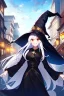 Placeholder: girl, masterpiece, best quality, cinematic lighting, detailed outfit, vibrant colors, perfect eyes, long hair, white hair, red eyes, witch outfit, smile, angry, landscape, town,