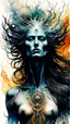 Placeholder: Zdzislaw Beksinski, Max Ernst, Peter Gric, and Bill Sienkiewicz style ink wash and watercolor, full body illustration of a transcendent woman , highly detailed facial features, mixed to anatomical body view, wildly flowing hair, 8k octane, all in focus, clean face, no grain, ethereal, otherworldly, Ancient Druid Goddess of Fire, Earth, Air, and Water, concept art in vibrant psychedelic colors