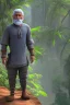 Placeholder: 3D render of a cyberpunk tribal old man, gray hair and goatee, on a dark blue jungle background, digital art