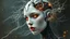 Placeholder: old worn paper, Ethereal bald white woman with thorns, thistles and plant roots on her head, human brains biomechanics cyberpunk style digital painting depicting a glowing woman with robotic features, combining human and artificial elements in a gripping sci-fi scene with intricate details and a cinematic atmosphere. Red lips, gold fragments, silver particles, wind, swirls, glare, glow from within, 8K, fine rendering, high detail, hyperrealism, high resolution, multi-layered, hyperdetail, hyperf