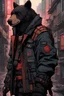 Placeholder: cyberpunk city alley human samurai with bear patch on his jacket