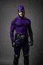 Placeholder: The Phantom - full-length, A Real-life portrait of a photorealistic man with piercing blue eyes, a chiseled jaw, goatee, timeless face, stern expression, Wearing a tight fitting purple cotton hero suit with a cowl that fits tight to his head, but does not cover his face, he wears a thin, black leather, bandit eye disguise over his eyes, black and blue diagonally striped trunks, dual-holstered pistol belt adorned with a triangle skull-shaped buckle with leg straps, Knee-high black leather boots