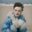 Placeholder: Actress judy garland, blue, autochrome, plastic puffy jacket, on the beach