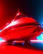 Placeholder: low view angle shot down from upper left front and showing the full vehicle, a RETROFUTURISTIC HOVERING CRAFT OF ALIEN ORIGIN, a beautiful look up modern is decorated with red abstract SKYLINE, all red background, , vray, raytracing