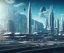 Placeholder: Spaceport on a heavy industrialized planet with a futuristic city in the background and a docked spaceship in the foreground, retrofuturistic, buildings with glass facades, Brutalität architecture, insanely detailed, vibrant, 8k uhd, cinematic atmosphere, ultra-wide angle, street level view, brush strokes, blue sky with clouds, sharp focus