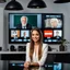Placeholder: amodern tv studio a beautiful girl perfect face sitting next to desk presenting new looking at camera, with picture of an old man in tv screen at background