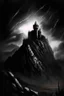 Placeholder: Dark and gritty drawing of a fortress in mountains, dark skies, towers