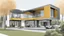 Placeholder: Architectural drawing of a luxurious modern country house, trees, people and cars, complementary colors