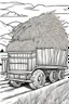 Placeholder: coloring page, flatbed wagon carrying hay, cartoon style, thick lines, low detail, no shading