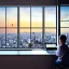 Placeholder:  looking out of a window to a crowded city with many textbooks on the table japan sunrise computer with homework on it only one person