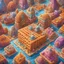 Placeholder: colorful waffle city, buildings made from waffles with waffle textures, butter bridge, syrup river, fantastical detailed style, hyperreal, maximalism, dynamic composition, "WELCOME TO WAFFLE CITY"