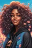 Placeholder: vibrant psychedelic urban culture image, airbrush, 48k, cartoon art image of a black curvy female looking to the side smiling with a large mane of curly ombre hair flowing through the wind while she has a black hoodie on, prominent makeup with hazel eyes, highly detailed hair, background peach and light blue flowers surrounding her, dystopian