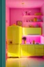 Placeholder: Kitchen, yellow walls, transparent glass furniture, modern, LED pink lighting, modern art, cool vibes, yellow fridge