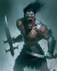 Placeholder: cursed apocaliptic screaming scary human berserker meaty black short hair big greatsword